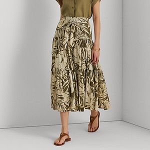 Palm Leaf-Printed Midi Skirt
